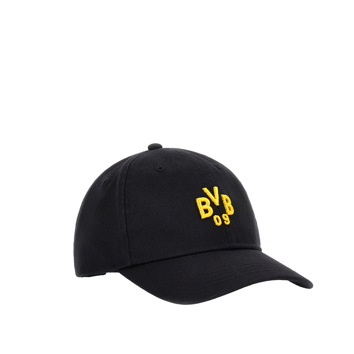 Schwarze BVB-Kappe mit auffälligem gelbem BVB 09-Logo, ideal als Fanartikel für Borussia Dortmund-Fans.