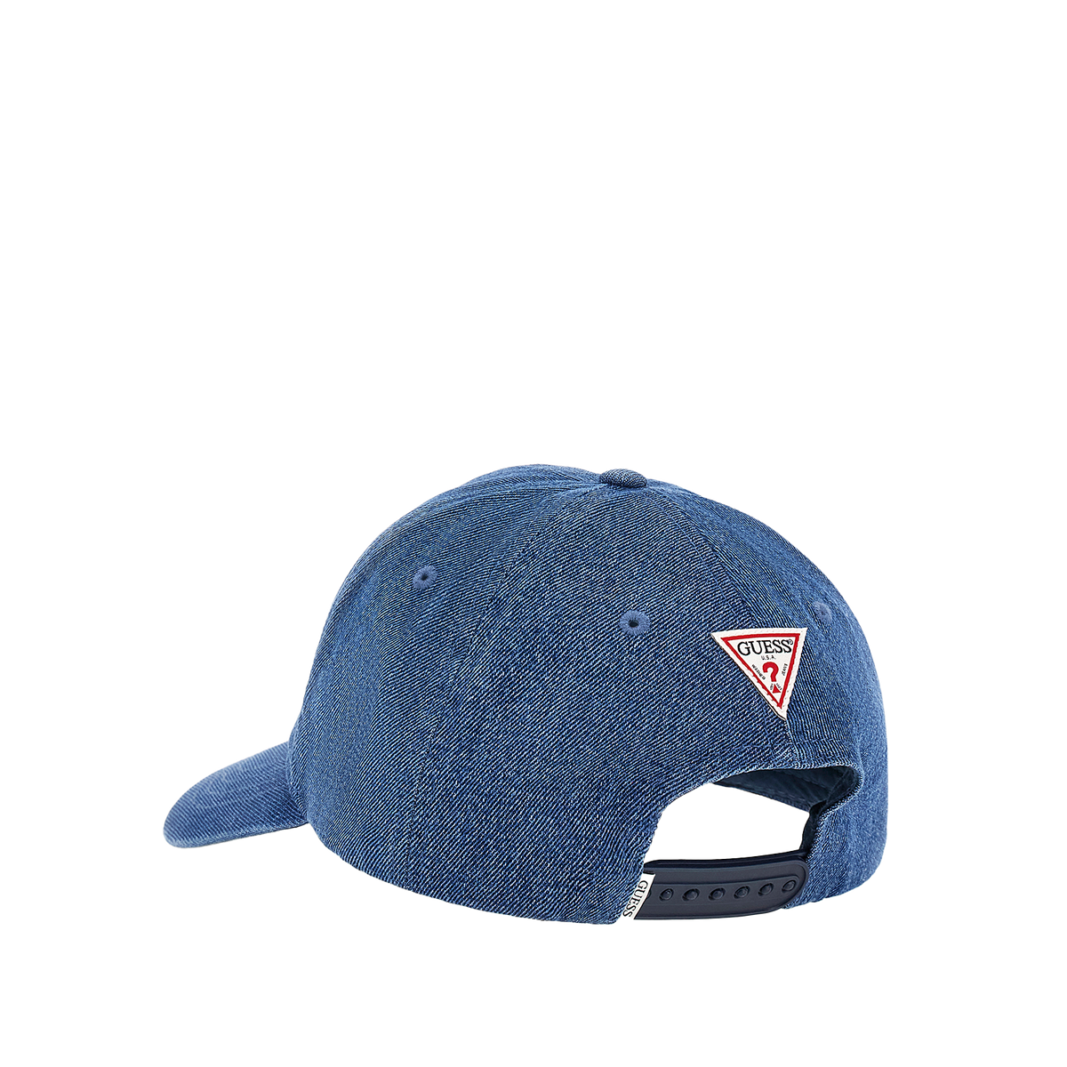 Die blaue BVB x Guess Kappe aus Denim-Stoff in der Rückansicht mit Snapback-Verschluss und rotem Guess-Logo.