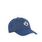 Schräge Ansicht einer blauen BVB-Kappe mit prominentem weißen BVB 09 Logo auf der Front.
