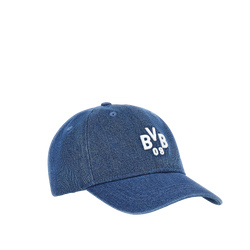 Schräge Ansicht einer blauen BVB-Kappe mit prominentem weißen BVB 09 Logo auf der Front.