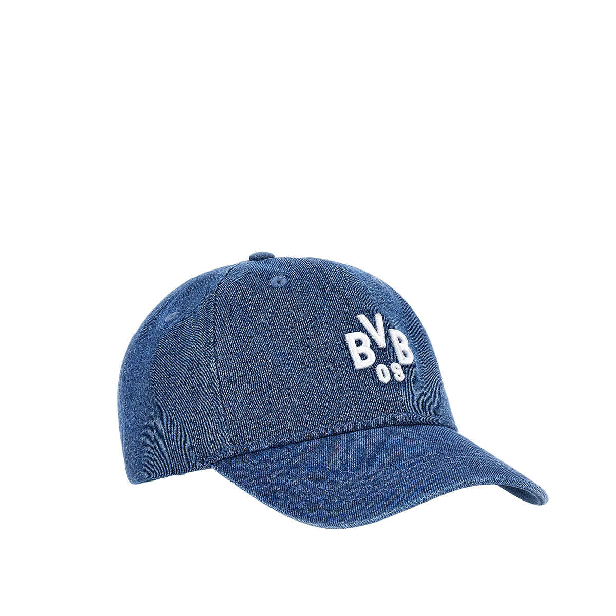 Schräge Ansicht einer blauen BVB-Kappe mit prominentem weißen BVB 09 Logo auf der Front.