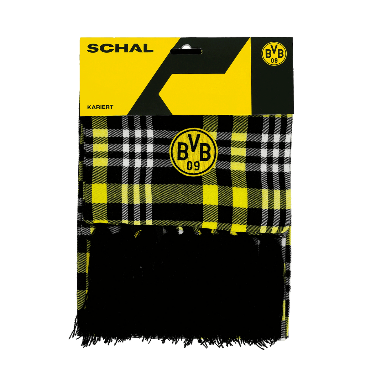 Bufanda del BVB en negro y amarillo, con diseño a cuadros, el logotipo «BVB 09» y flecos negros; producto oficial para aficionados del Borussia Dortmund.
