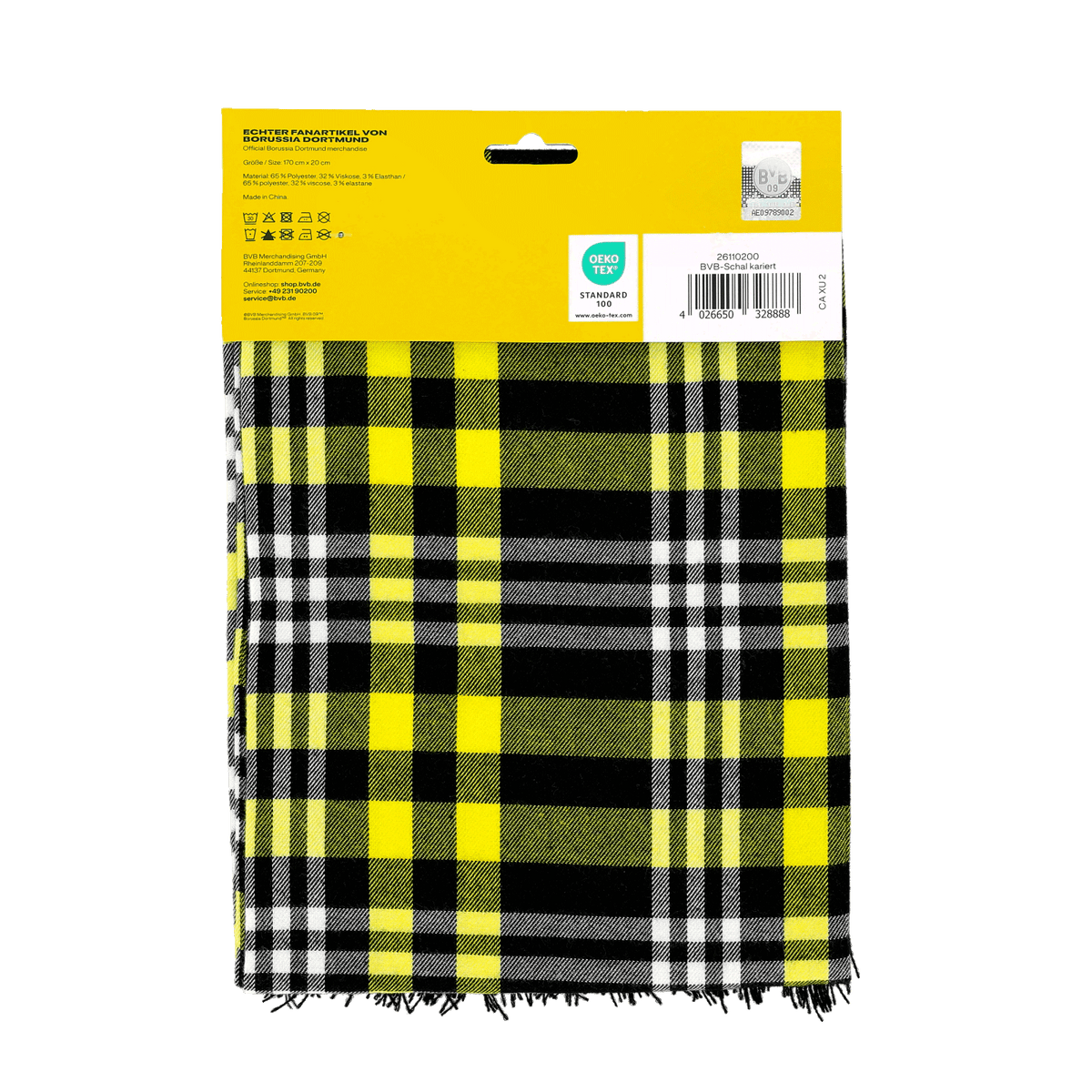 Bufanda clásica del BVB con diseño a cuadros en negro y amarillo, empaquetada, producto oficial para aficionados del Borussia Dortmund.