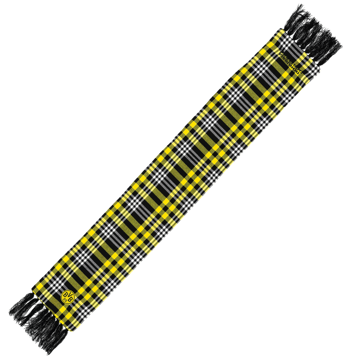 Bufanda del BVB con diseño a cuadros negros y amarillos, flecos y el logotipo del BVB, ideal para los aficionados del Borussia Dortmund.