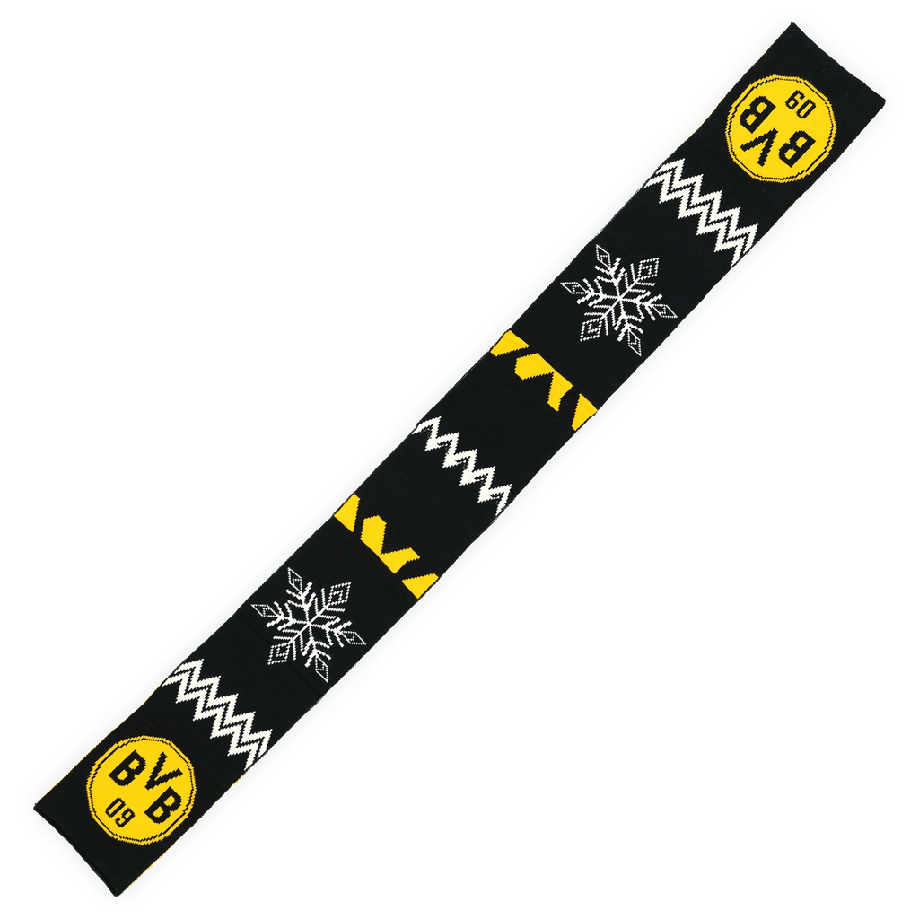 Schwarzgelber BVB-Schal mit Schneeflocken- und Zick-Zack-Motiven sowie BVB-Logo, ideal als Winterfanartikel.