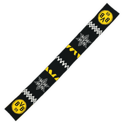 Schwarzgelber BVB-Schal mit Schneeflocken- und Zick-Zack-Motiven sowie BVB-Logo, ideal als Winterfanartikel.