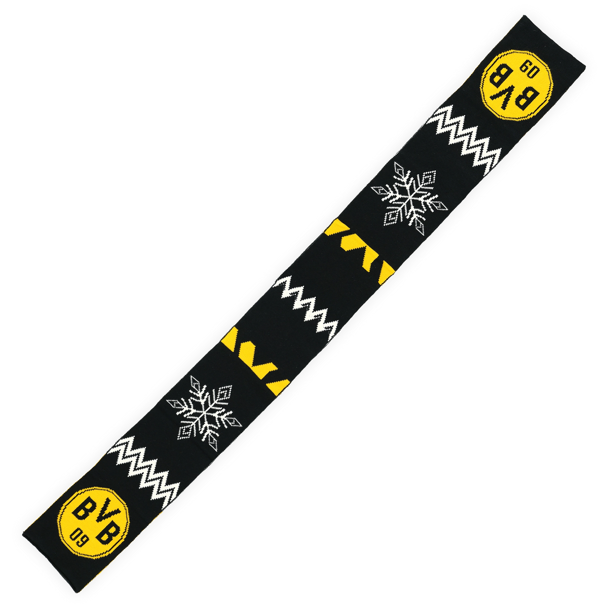 Schwarzgelber BVB-Schal mit Schneeflocken- und Zick-Zack-Motiven sowie BVB-Logo, ideal als Winterfanartikel.