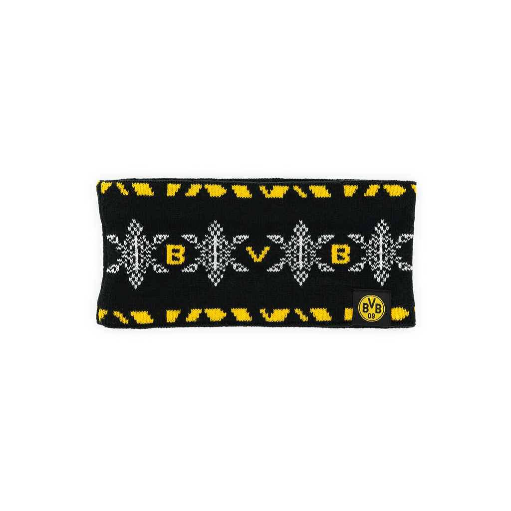 Schwarzgelbes Winter-Stirnband von Borussia Dortmund mit auffälligem Muster und BVB-Logo, ideal für kalte Tage.