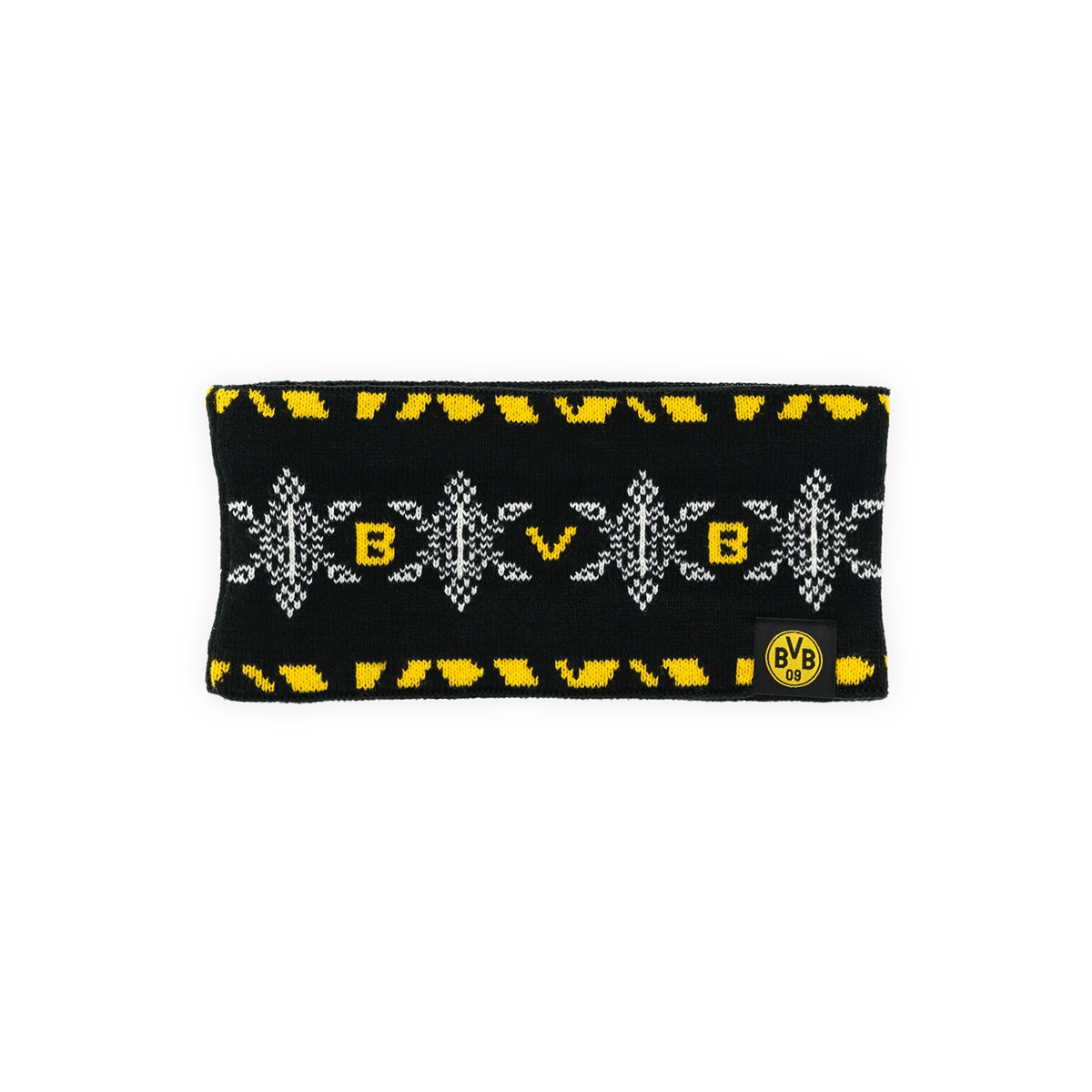 Schwarzgelbes Winter-Stirnband von Borussia Dortmund mit auffälligem Muster und BVB-Logo, ideal für kalte Tage.