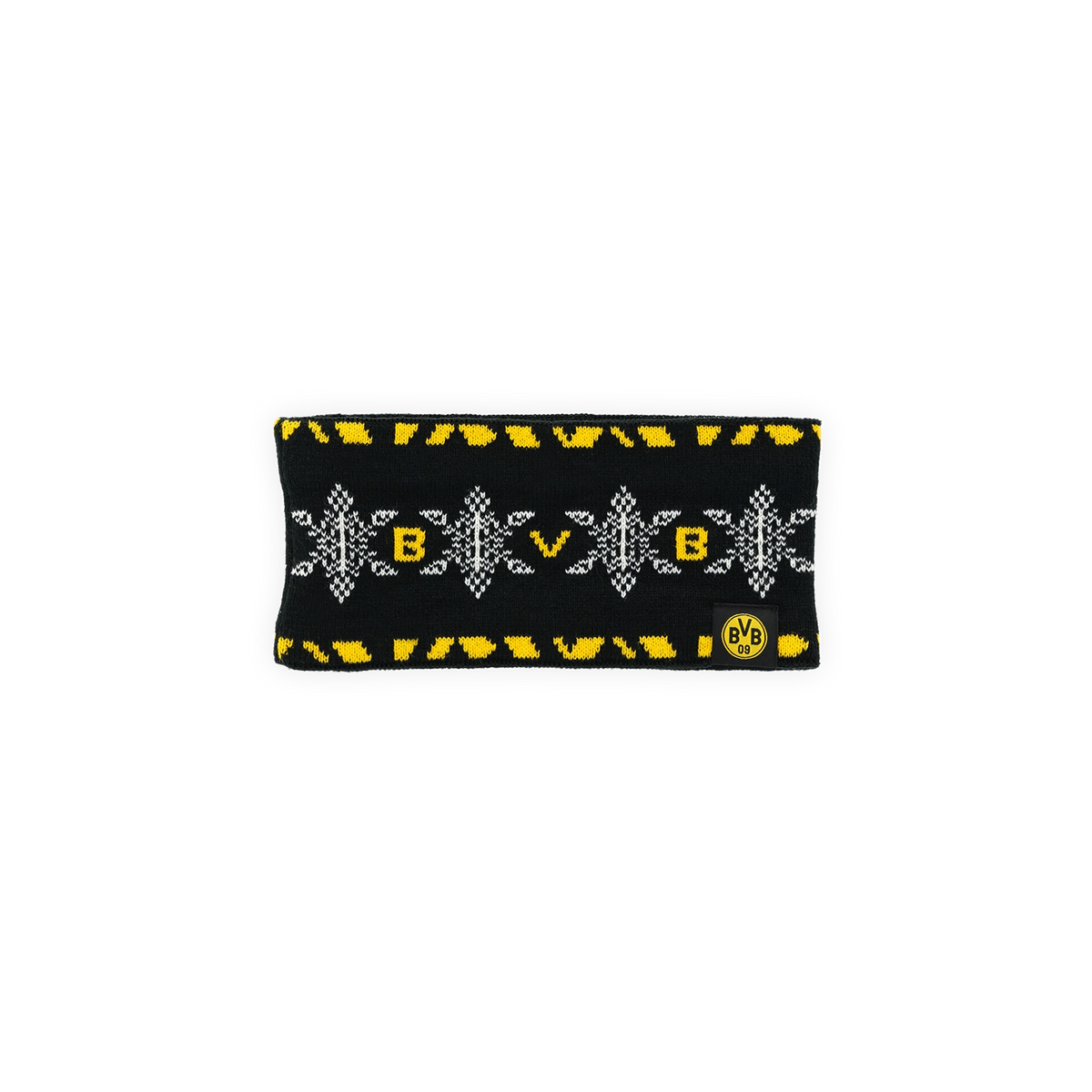 Schwarzgelbes BVB-Winterstirnband für Kinder mit BVB-Logo und stilisierten Mustern, ideal als Fanartikel und Accessoire für kalte Tage.
