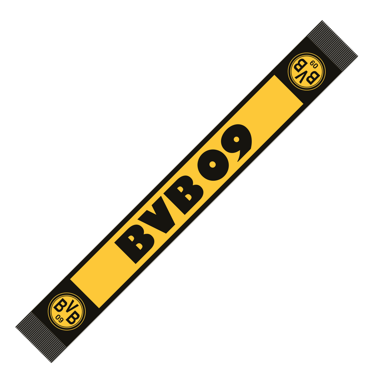 Schwarzgelber BVB-Schal mit großem BVB 09-Schriftzug und BVB-Logo, ein Fanartikel in Vereinsfarben.