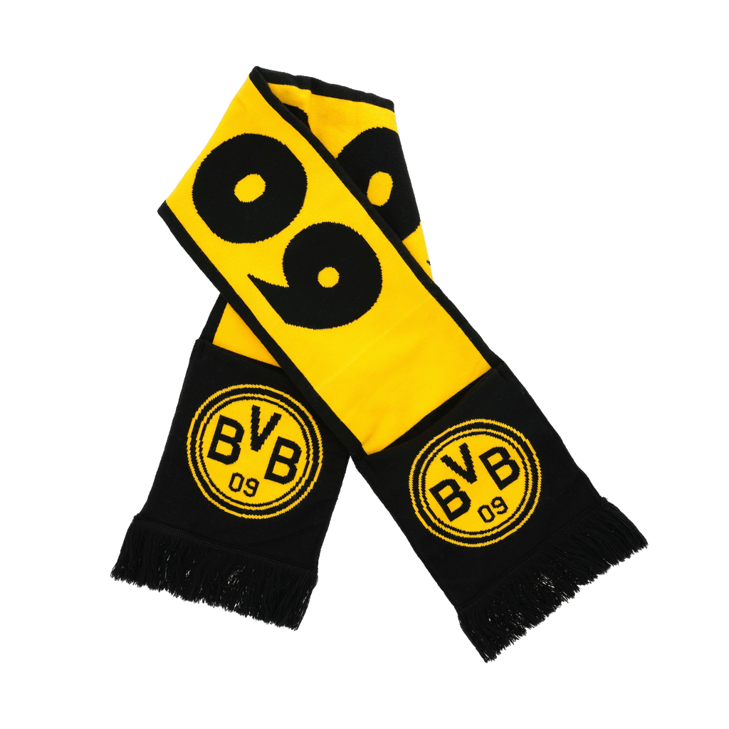 Retro BVB scarf with black-and-yellow horizontal stripes, the BVB logo, and fringe—perfect for Borussia Dortmund fans.