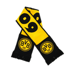 Retro BVB scarf with black-and-yellow horizontal stripes, the BVB logo, and fringe—perfect for Borussia Dortmund fans.