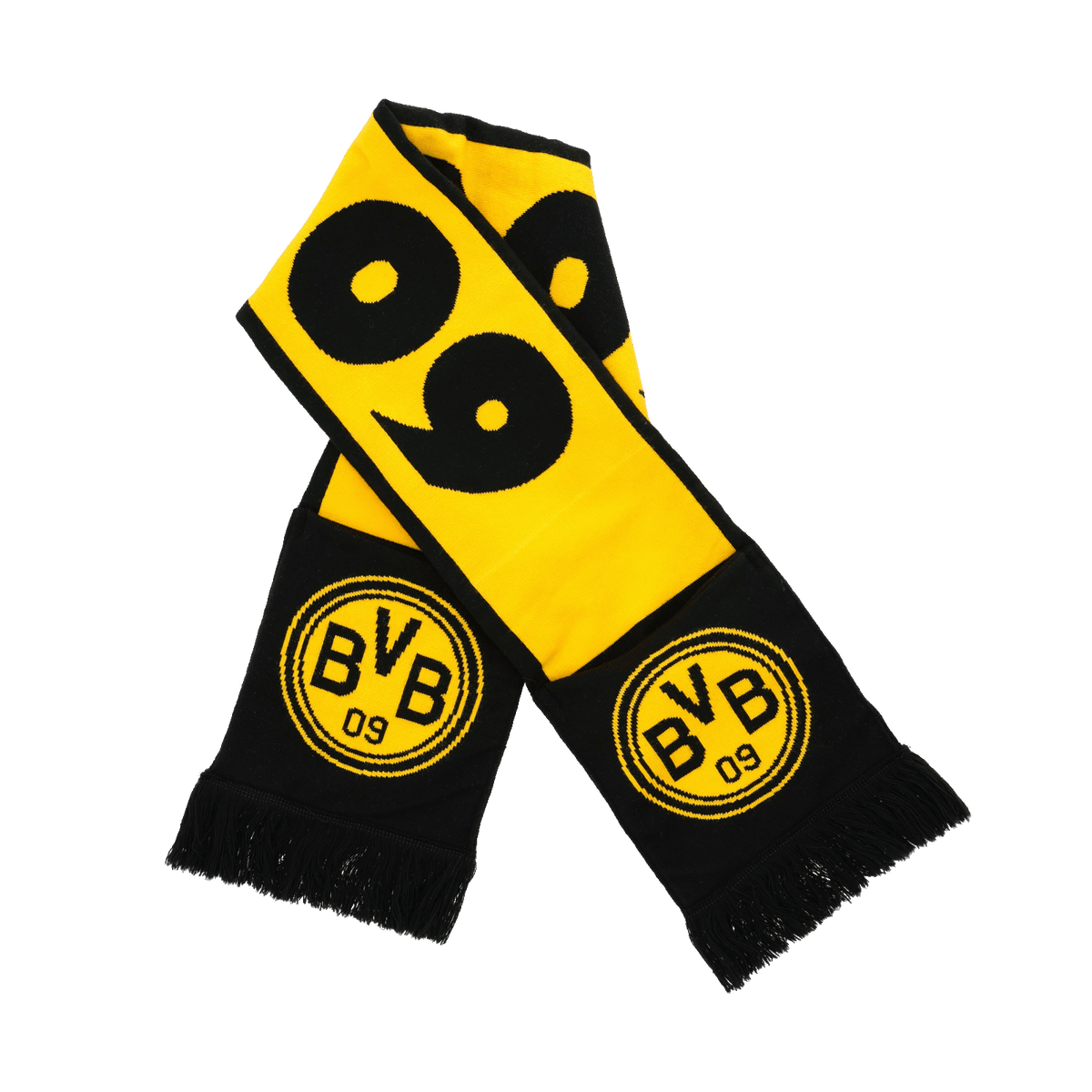 Retro BVB scarf with black-and-yellow horizontal stripes, the BVB logo, and fringe—perfect for Borussia Dortmund fans.