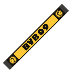 Écharpe du BVB d'inspiration rétro, aux couleurs noir et jaune, ornée d'une inscription « BVB 09 » bien visible et du logo du club, idéale pour les supporters.
