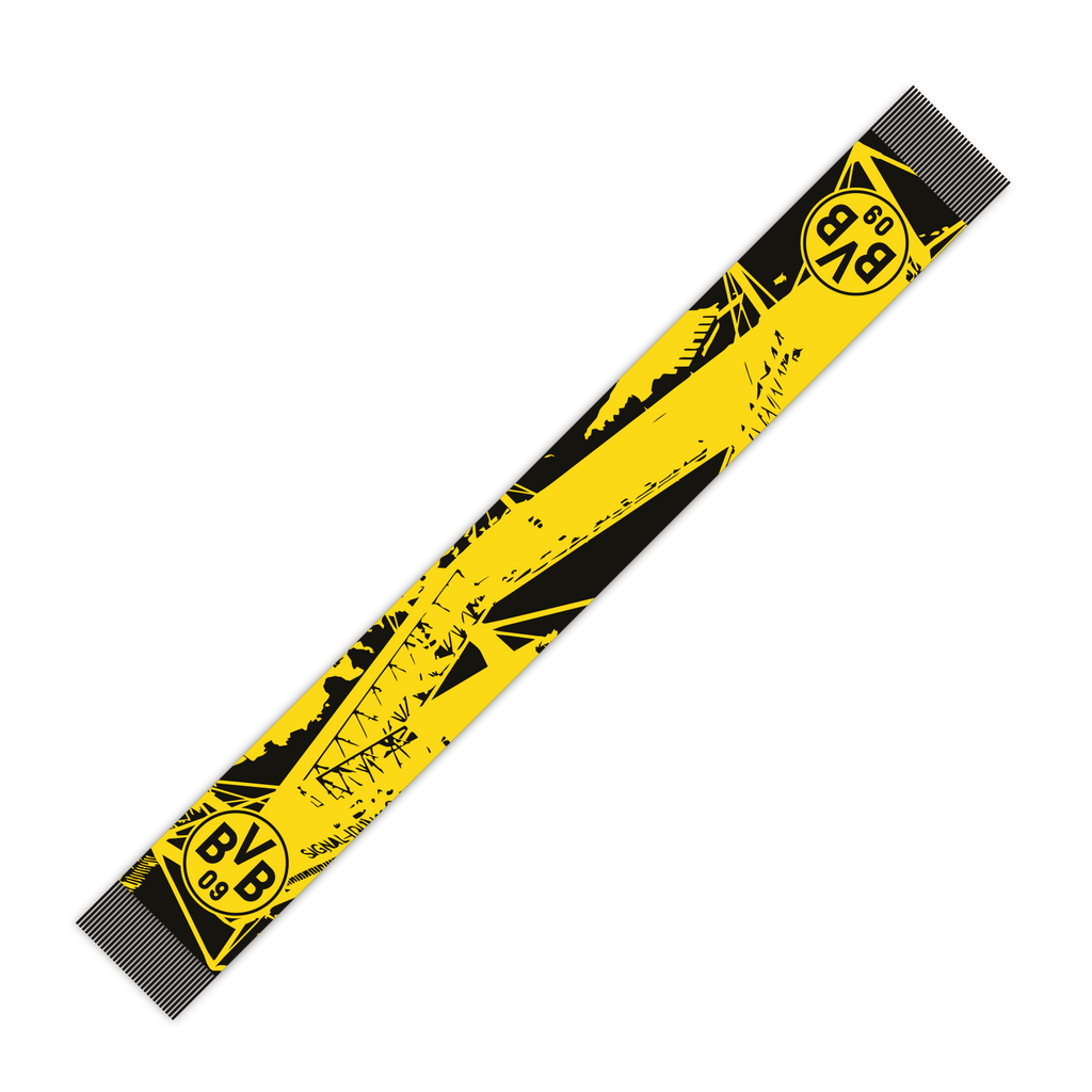 Schwarzgelber BVB-Fanschal mit Stadionmotiv und BVB 09 Emblem, ideal für Fans zur Unterstützung im SIGNAL IDUNA PARK.