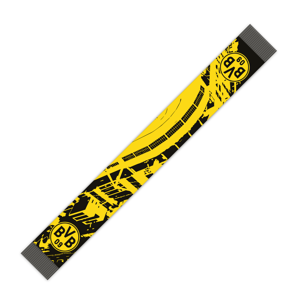 BVB-Fanschal in schwarzgelb mit stylischem Stadion-Design und BVB-Logo, perfekt für echte Borussia Dortmund Fans.