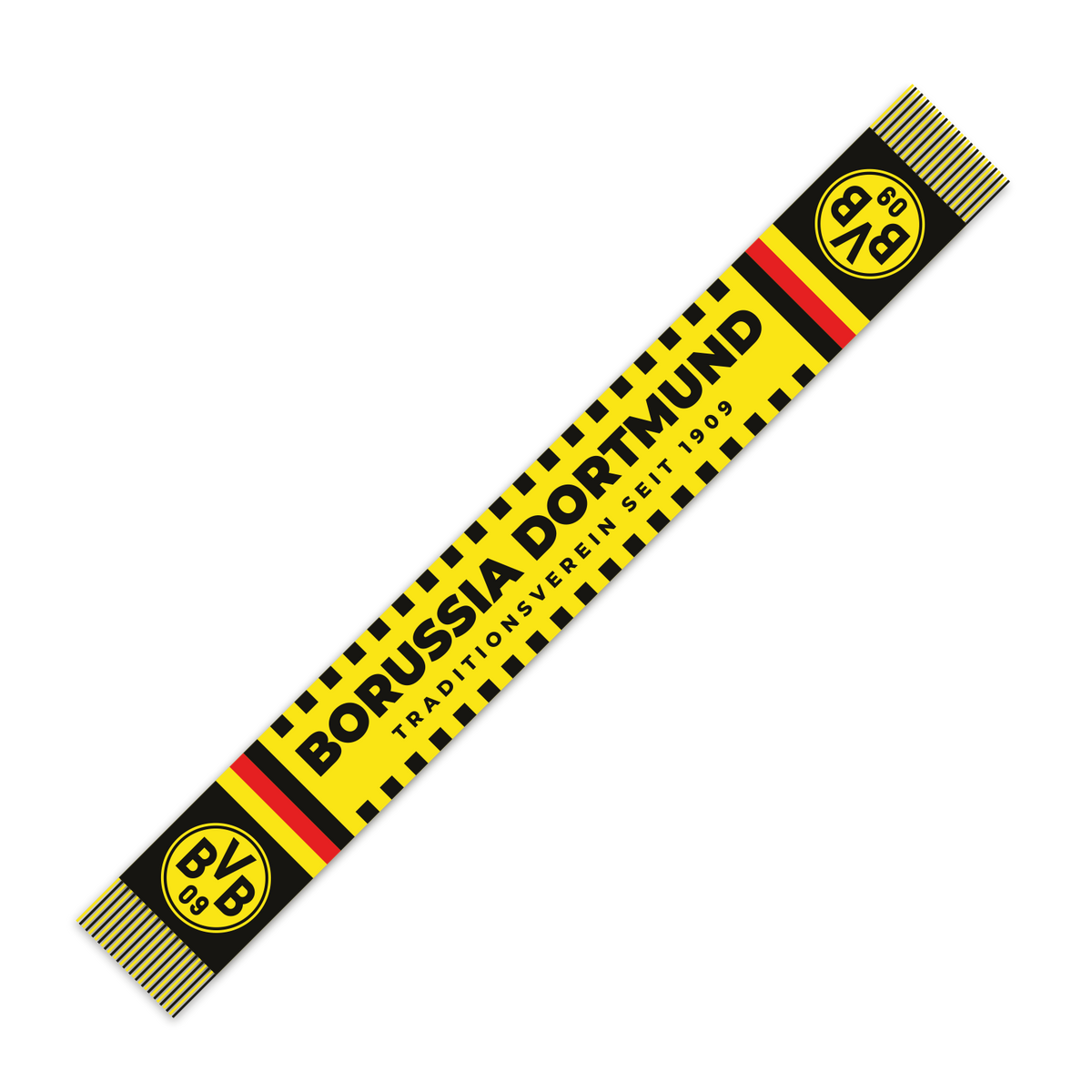 Schwarzgelber BVB-Schal mit 'Borussia Dortmund', 'Traditionsverein seit 1909' und BVB-Logo an den Enden, ideal für Fans von Borussia Dortmund.