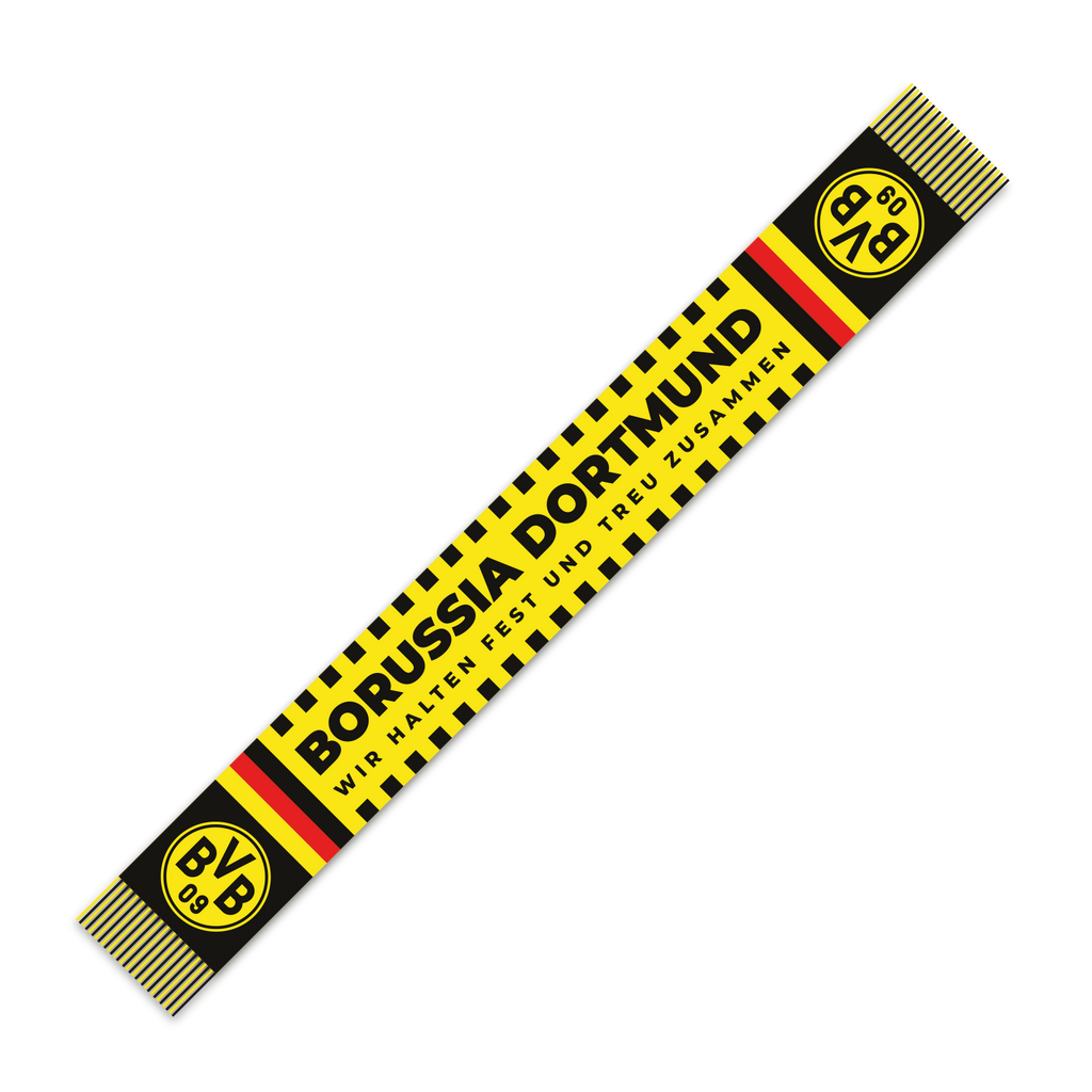 Bufanda del BVB en colores negro y amarillo con las inscripciones «BORUSSIA DORTMUND» y «Wir halten fest und treu zusammen», ideal para los aficionados del BVB.