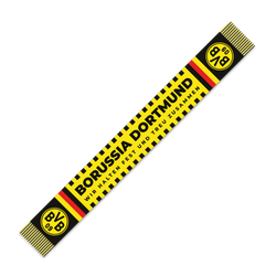 「BORUSSIA DORTMUND」と「Wir halten fest und treu zusammen」の文字が入った、黒と黄色のBVBスカーフ。BVBファンに最適です。