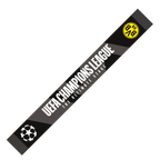 Sciarpa del BVB per la Champions League nei colori nero e giallo, decorata con il logo del BVB e la scritta “UEFA Champions League – The Ultimate Stage”.