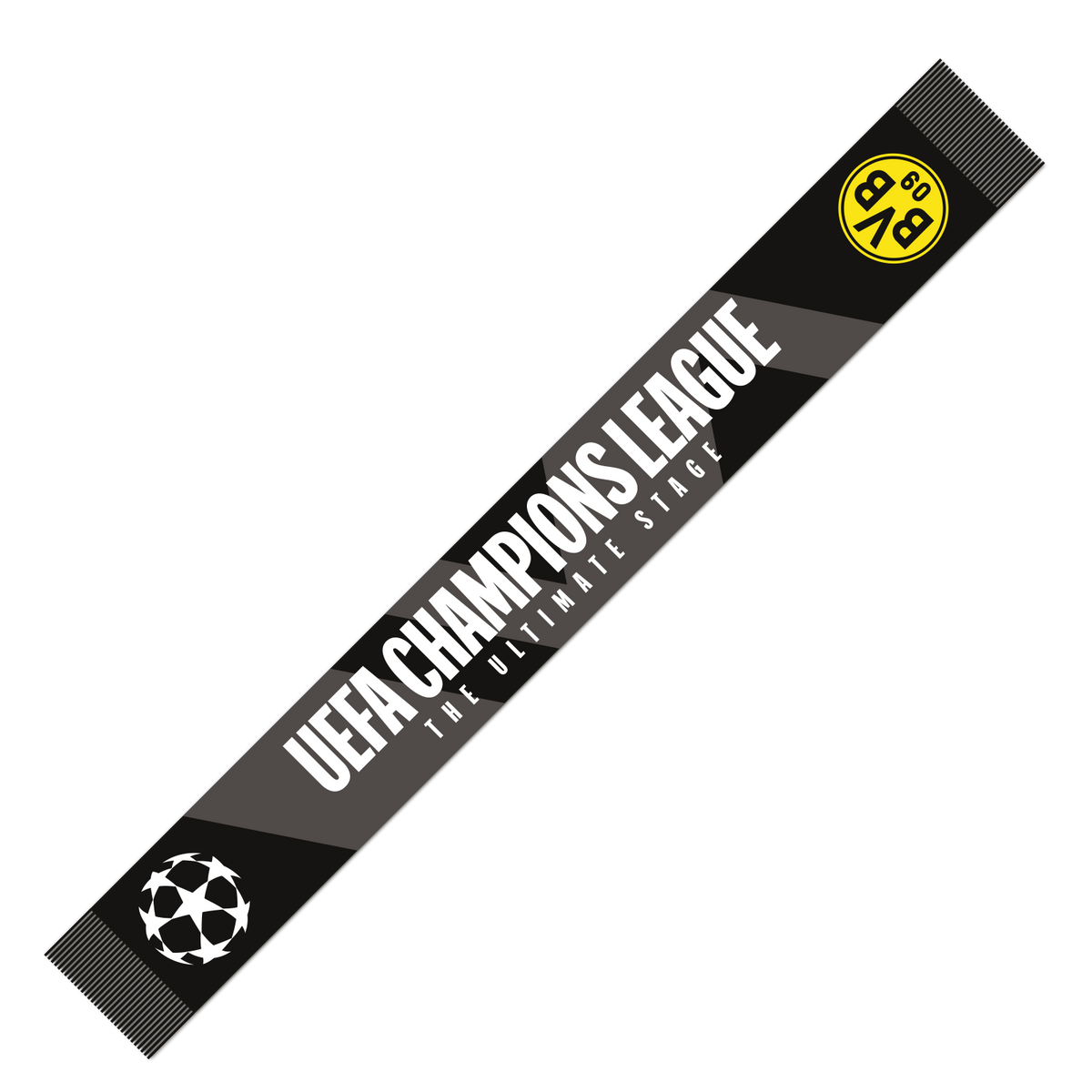 BVB-Schal zur Champions League in schwarzgelb, verziert mit dem BVB-Logo und dem Schriftzug 'UEFA Champions League – The Ultimate Stage'.