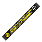 Sciarpa del BVB con motivo ispirato alla Champions League, logo del BVB e scritta “Borussia Dortmund INTERNATIONAL” in stile nero-giallo.