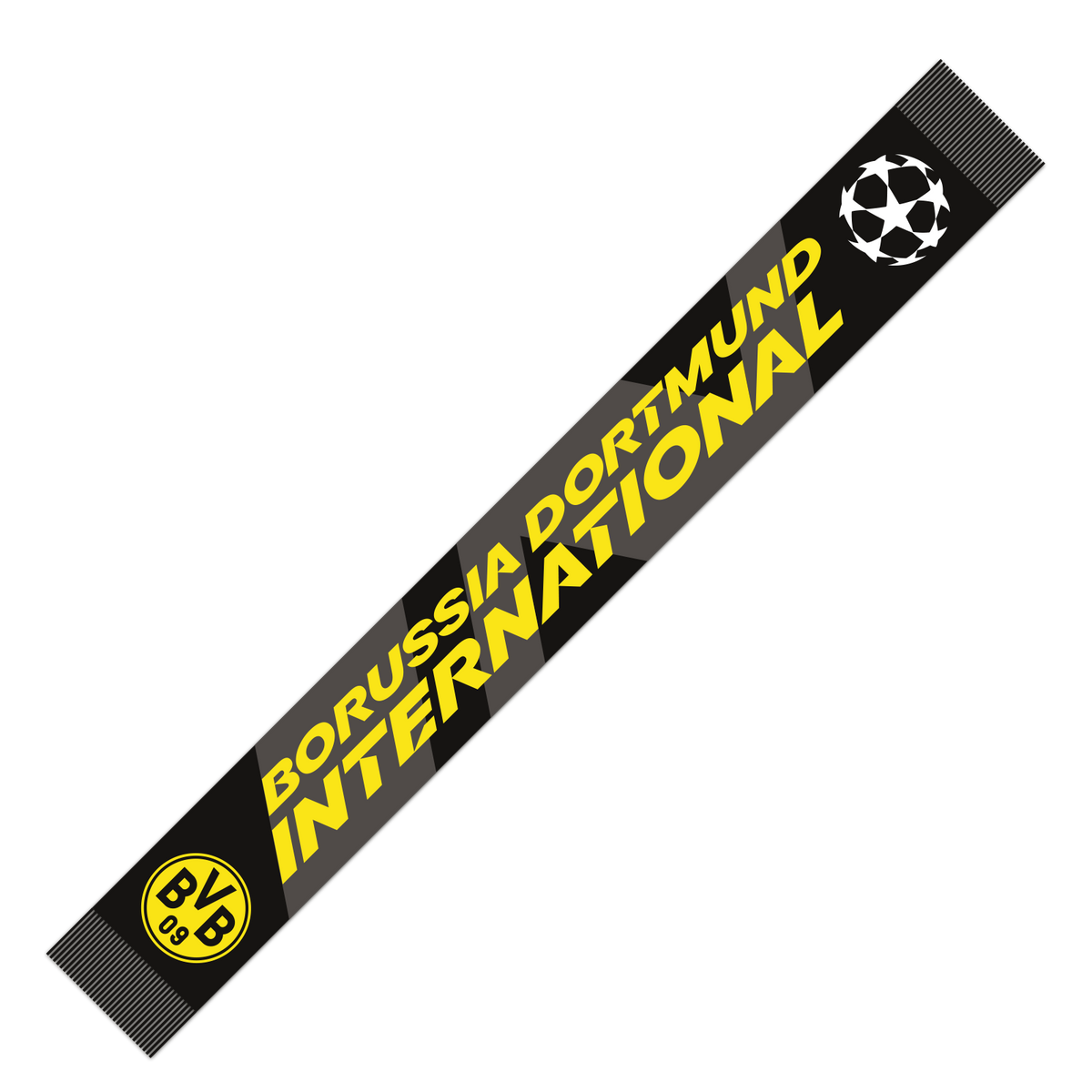 BVB-Schal mit Champions-League-Layout, BVB-Logo und Schriftzug 'Borussia Dortmund INTERNATIONAL' in schwarzgelbem Design.