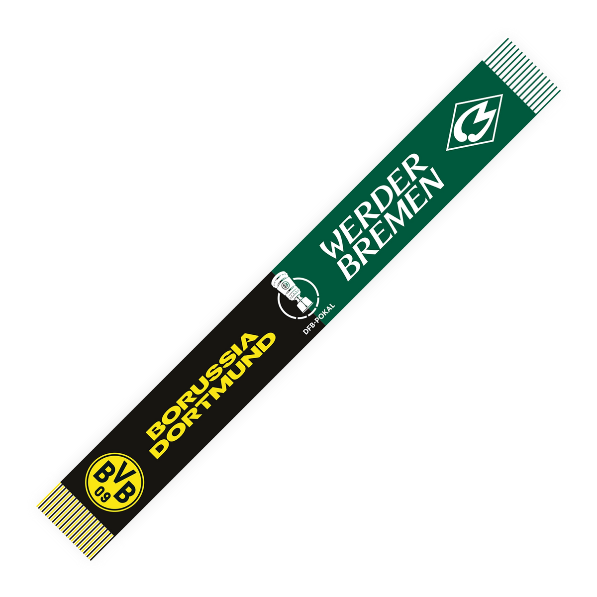 Schwarzgelber und grüner BVB-Schal mit Borussia Dortmund und Werder Bremen Schriftzügen sowie DFB-Pokal-Logo.