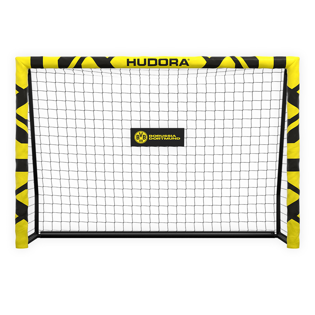 Porta da calcio BVB Pro Tect 180 Advanced di Hudora, con design nero e giallo, imbottitura e logo BVB sulla traversa, perfetta per i calciatori di tutte le età.