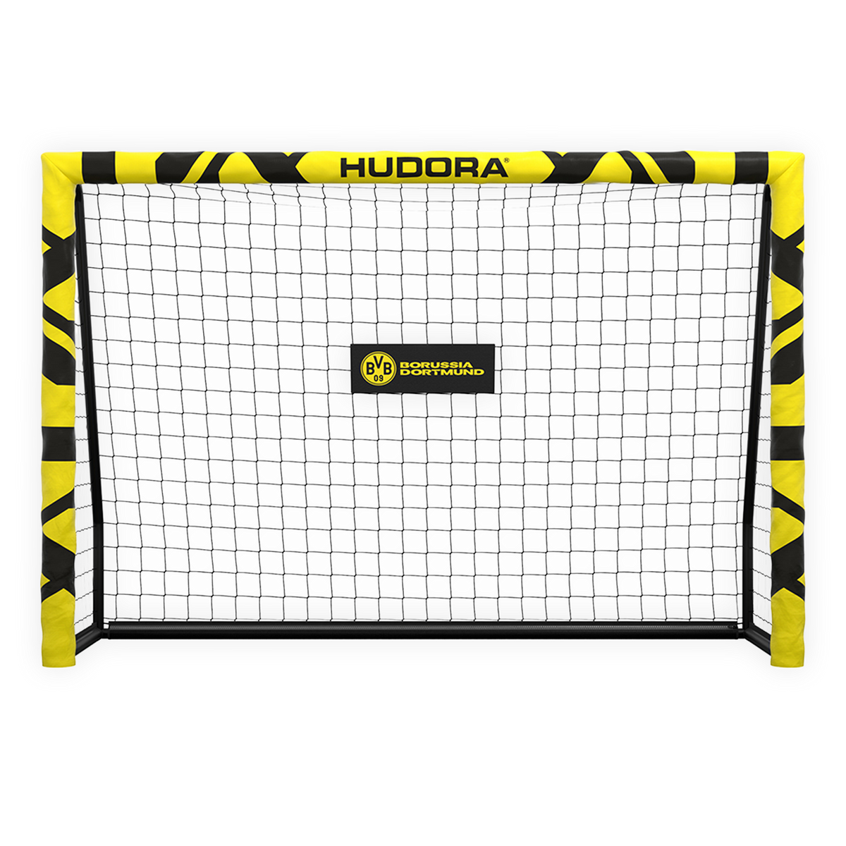 Porta da calcio BVB Pro Tect 180 Advanced di Hudora, con design nero e giallo, imbottitura e logo BVB sulla traversa, perfetta per i calciatori di tutte le età.
