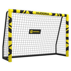 Porta de fútbol del BVB en colores negro y amarillo de la gama Hudora Pro Tect 180 Advanced, con una red resistente y el logotipo del BVB, ideal para entrenamientos y tiempo libre.
