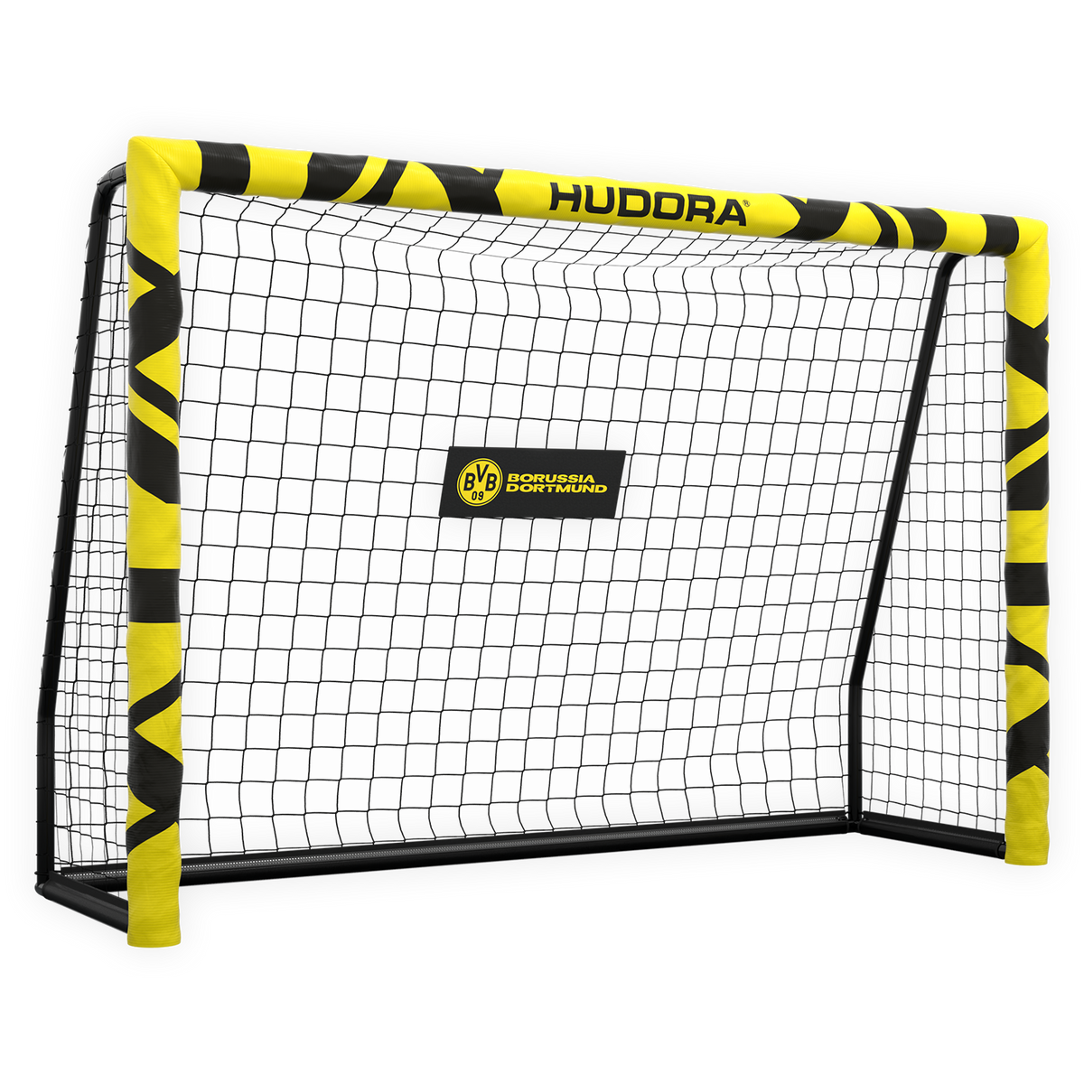 Porta da calcio del BVB nei colori nero e giallo della Hudora Pro Tect 180 Advanced, con rete resistente e logo del BVB, perfetta per l'allenamento e il tempo libero.