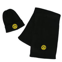 Black BVB beanie and scarf with a yellow BVB logo—perfect for Borussia Dortmund fans during the winter.