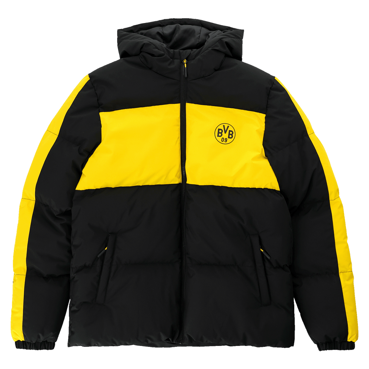Schwarze und gelbe BVB-Winterjacke für Herren mit Kapuze und BVB 09-Logo auf der Brust, ideal für kalte Tage.