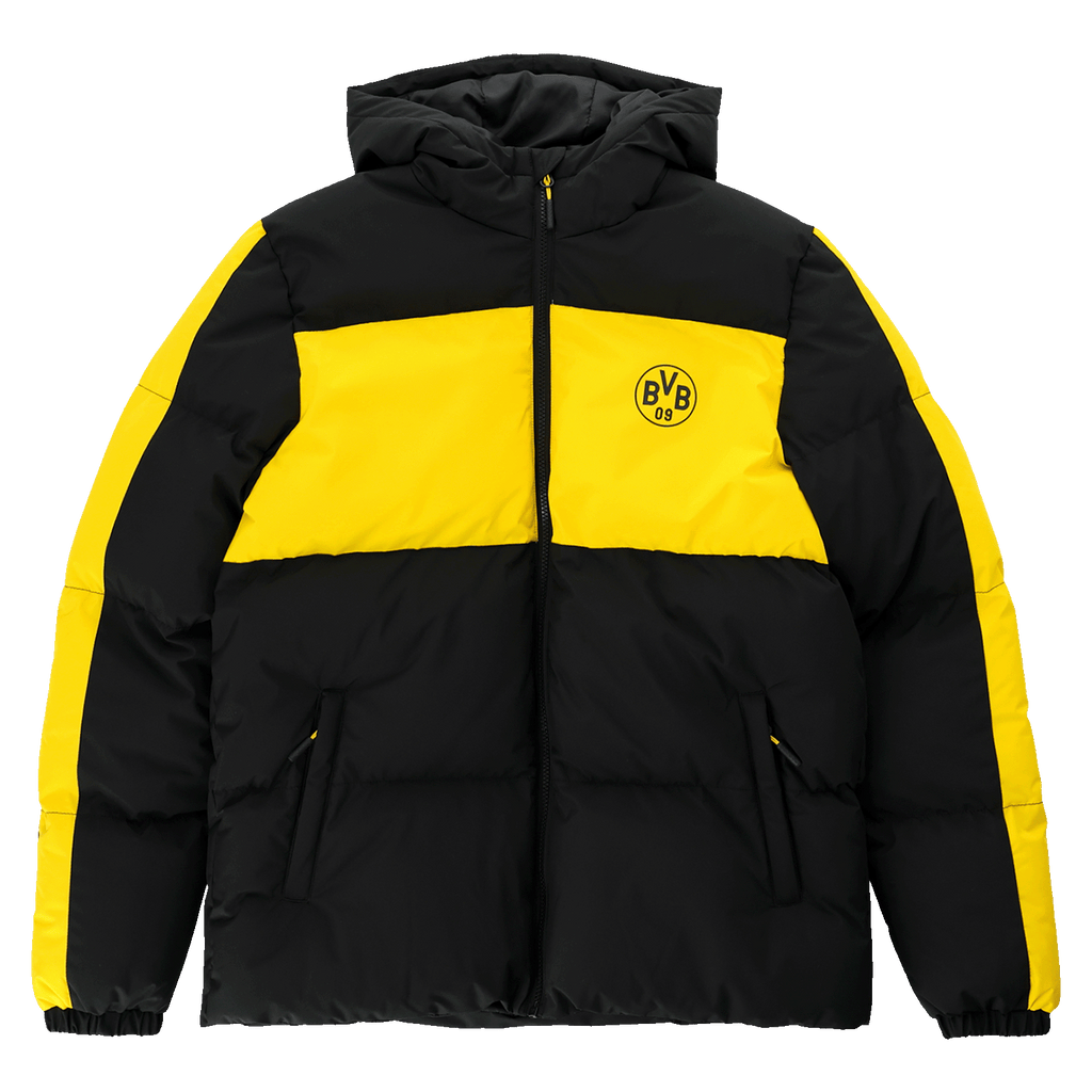 这款黑色和黄色男士多特蒙德（BVB）连帽冬季夹克，胸前印有BVB 09标志，非常适合寒冷的日子。