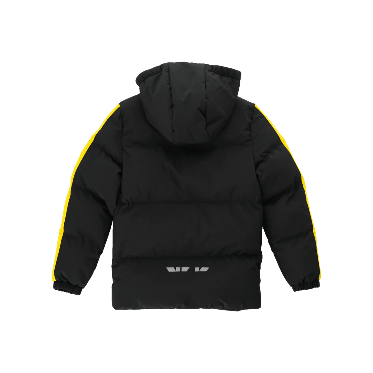 Rückansicht der schwarzgelben BVB-Winterjacke für Kinder mit Kapuze und gelben Streifen an den Ärmeln, ideal für kalte Tage.