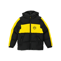 Giacca invernale per bambini nei colori nero e giallo con logo BVB 09, cappuccio e cerniera, ideale per le giornate fredde.