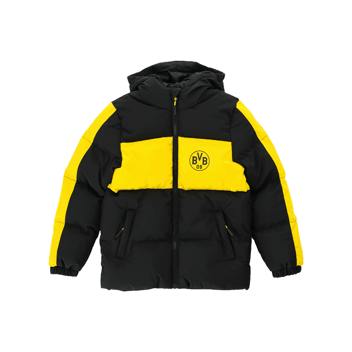 Giacca invernale per bambini nei colori nero e giallo con logo BVB 09, cappuccio e cerniera, ideale per le giornate fredde.