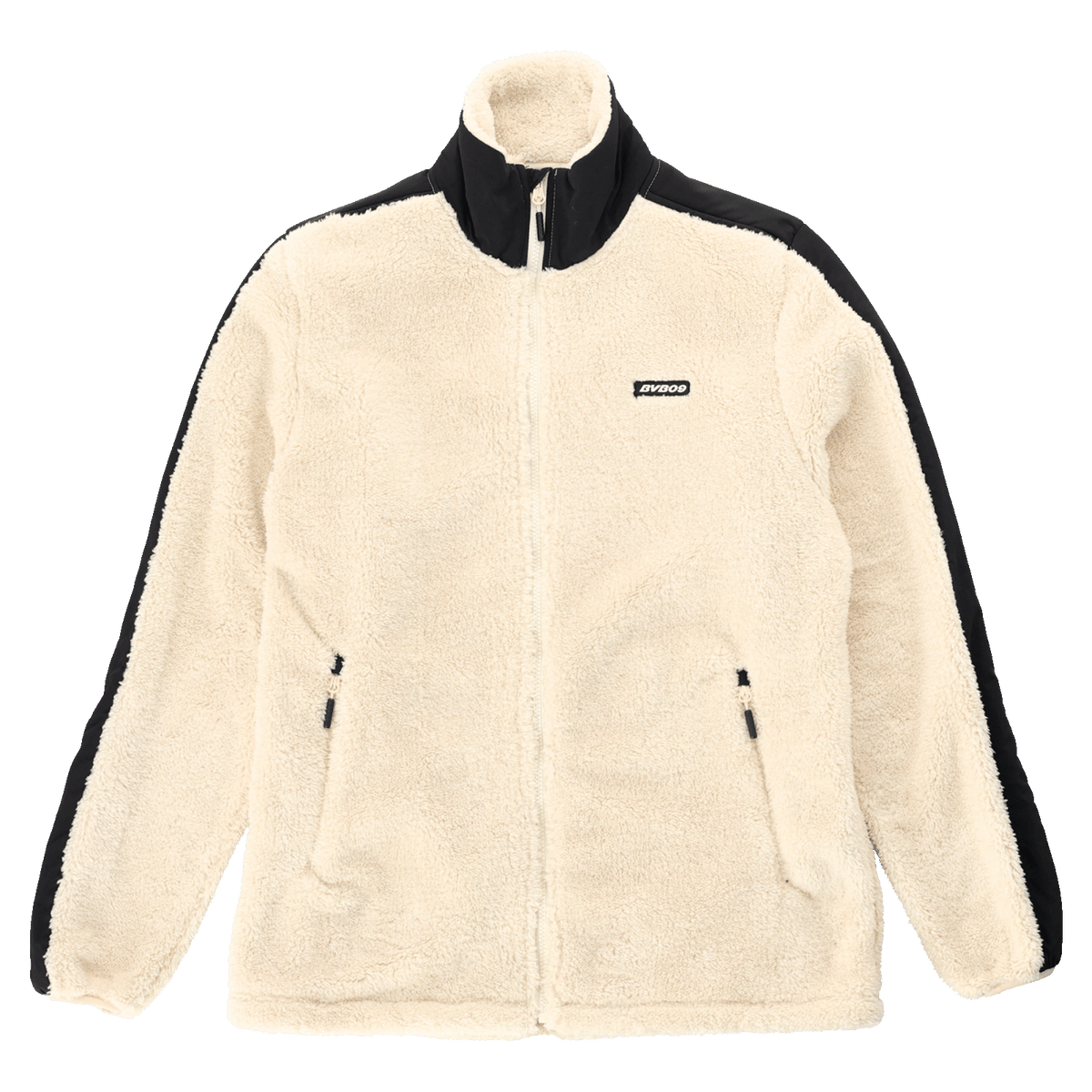 Cremefarbene BVB Teddy Fleece Jacke mit schwarzen Elementen im Colorblock-Design, Langarm, Sicht auf die Vorderseite mit Reißverschluss und Borussia Dortmund Logo.