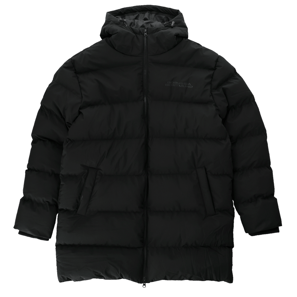 Vorderansicht eines schwarzen BVB-Parkas mit Kapuze aus der Essentials II Kollektion, ideal für kalte Tage.