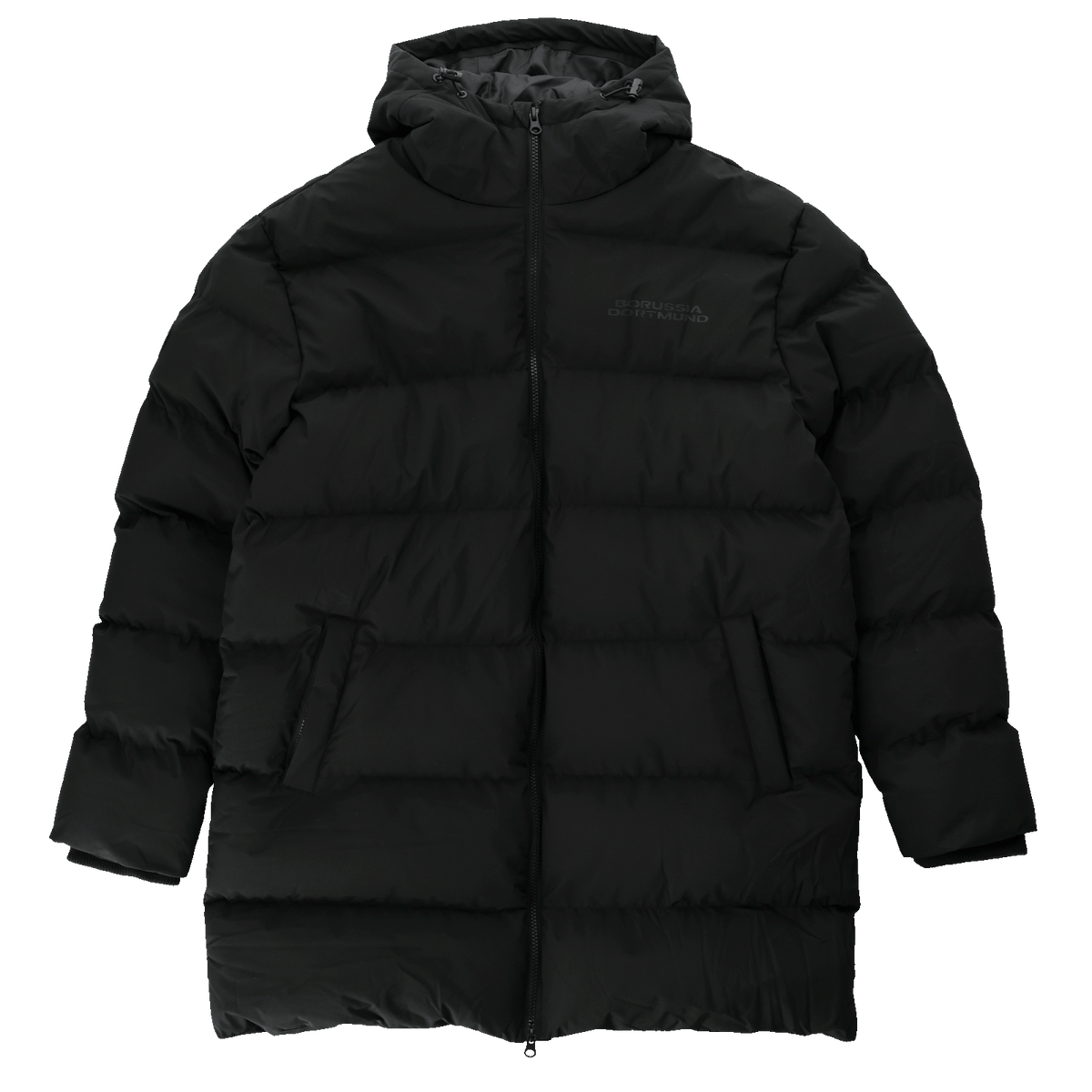 Vista frontale di un parka nero con cappuccio del BVB della collezione Essentials II, ideale per le giornate fredde.