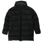 Vue de face d'une parka noire à capuche du BVB issue de la collection Essentials II, idéale pour les journées froides.