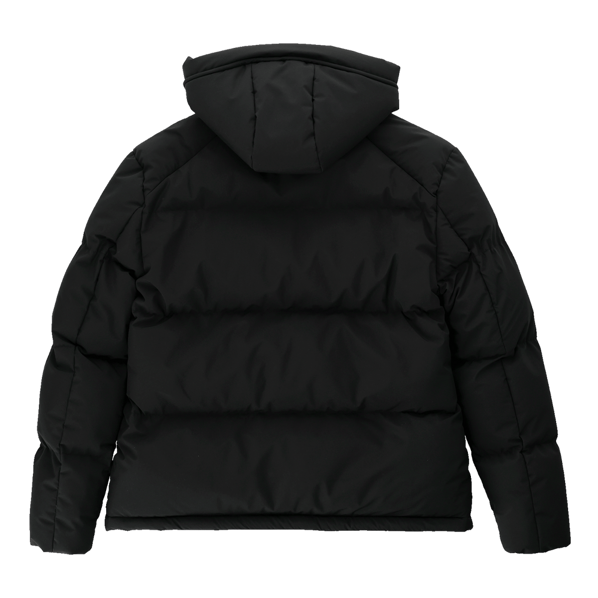 Rückansicht der schwarzen Winterjacke für Frauen von Borussia Dortmund mit Kapuze, für den Winter geeignet.