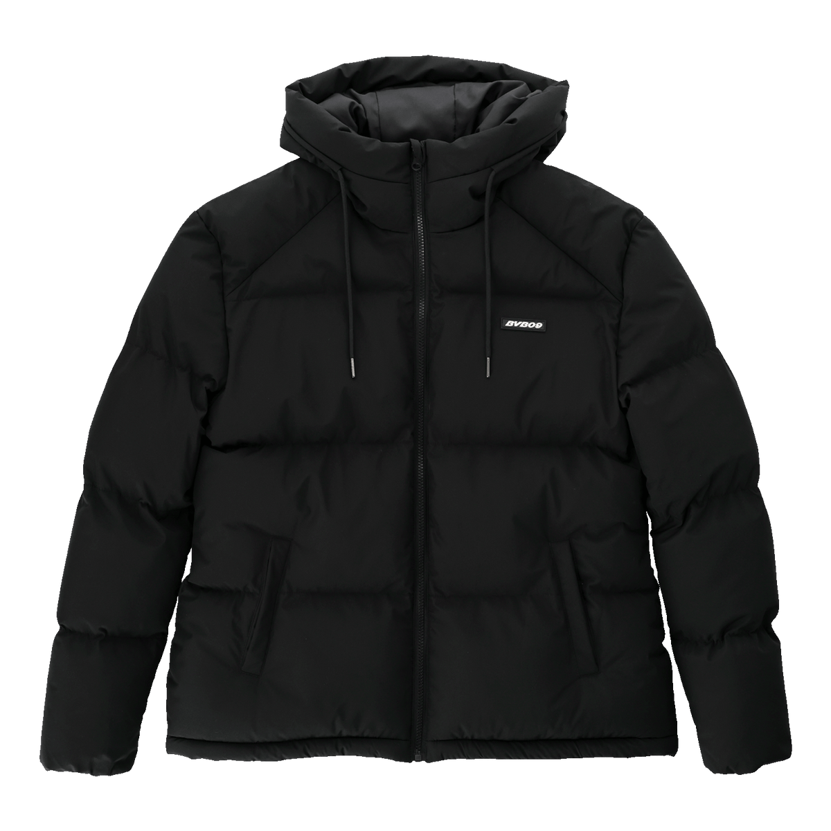 Schwarze Winterjacke für Frauen mit schlichtem Design, Kapuze und kleinem BVB-Logo auf der Brust, ideal für kühle Tage.