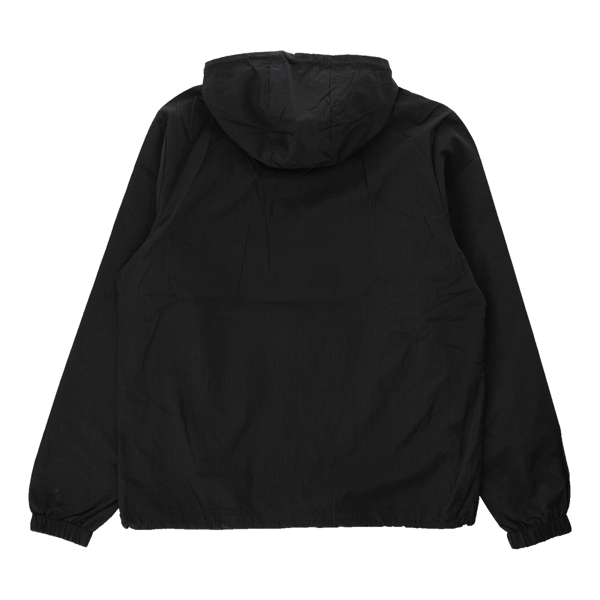 Die Rückansicht eines schwarzen BVB-Windbreakers aus der Retro-Kollektion mit Kapuze und langen Ärmeln.