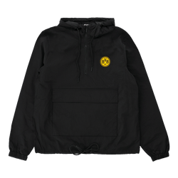 Cortavientos negro del Borussia Dortmund con estilo retro, con el logotipo amarillo del BVB en el pecho y en la capucha; vista frontal.