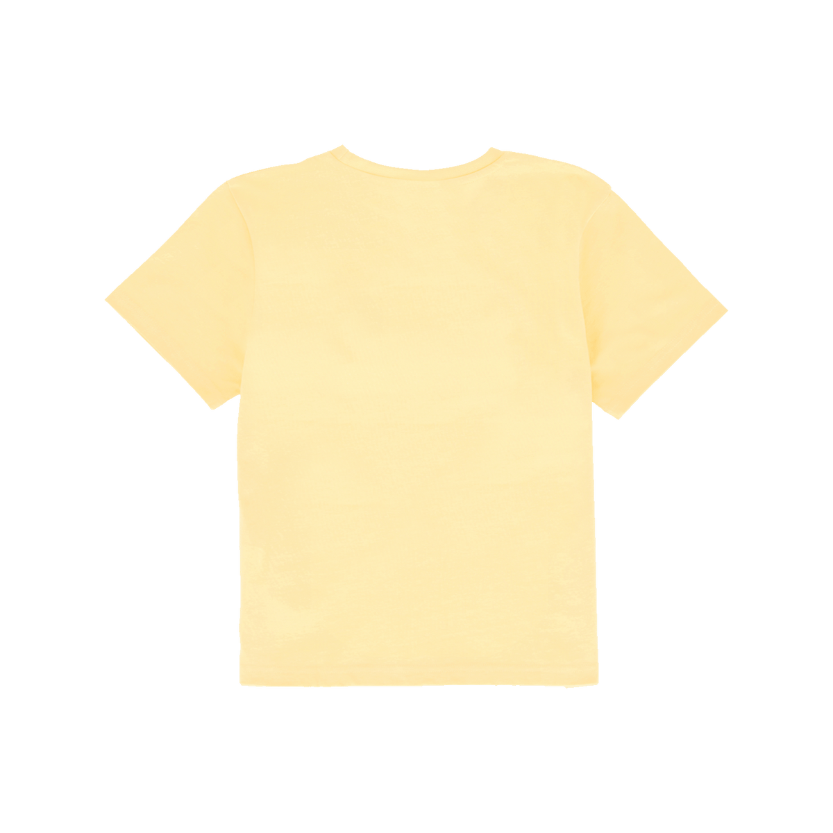 Das Bild zeigt die Rückansicht eines pastellgelben BVB-T-Shirts für Kinder mit kurzen Ärmeln und schlichtem Design.