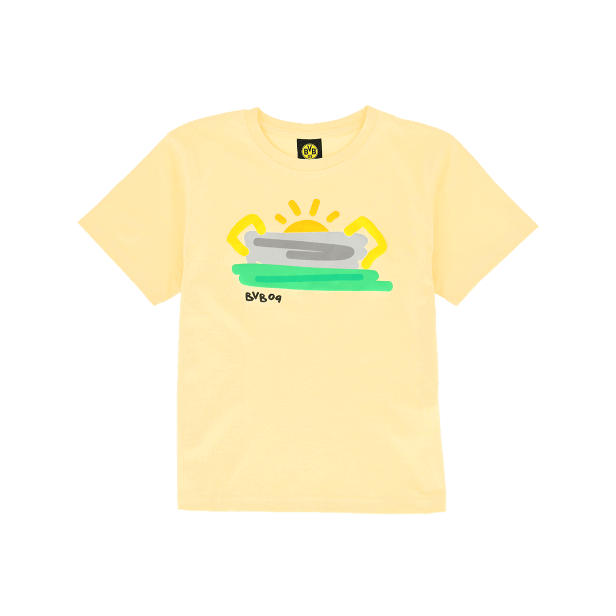Kinder T-Shirt in Gelb mit stilisiertem SIGNAL IDUNA PARK und Sonnenmotiv sowie BVB09-Schriftzug, Vorderansicht.