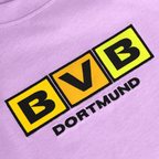 Purple BVB T-shirt for kids with an eye-catching BVB logo in yellow, black, and orange on the front—perfect as fan merchandise for Borussia Dortmund fans